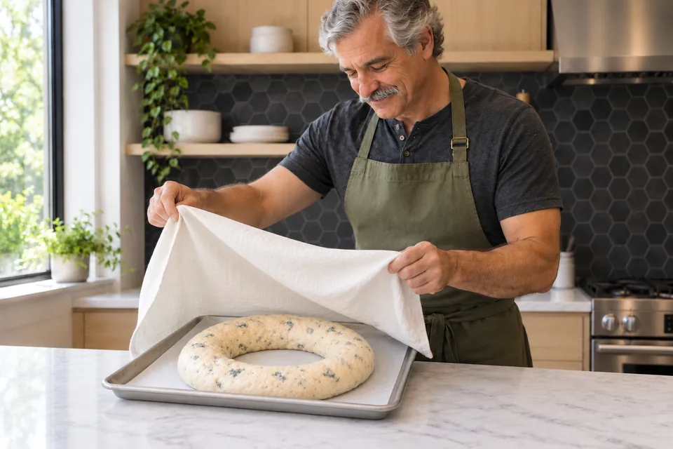 The cook lifts a loose cloth over one puffy pale bread ring with a clear open centre.