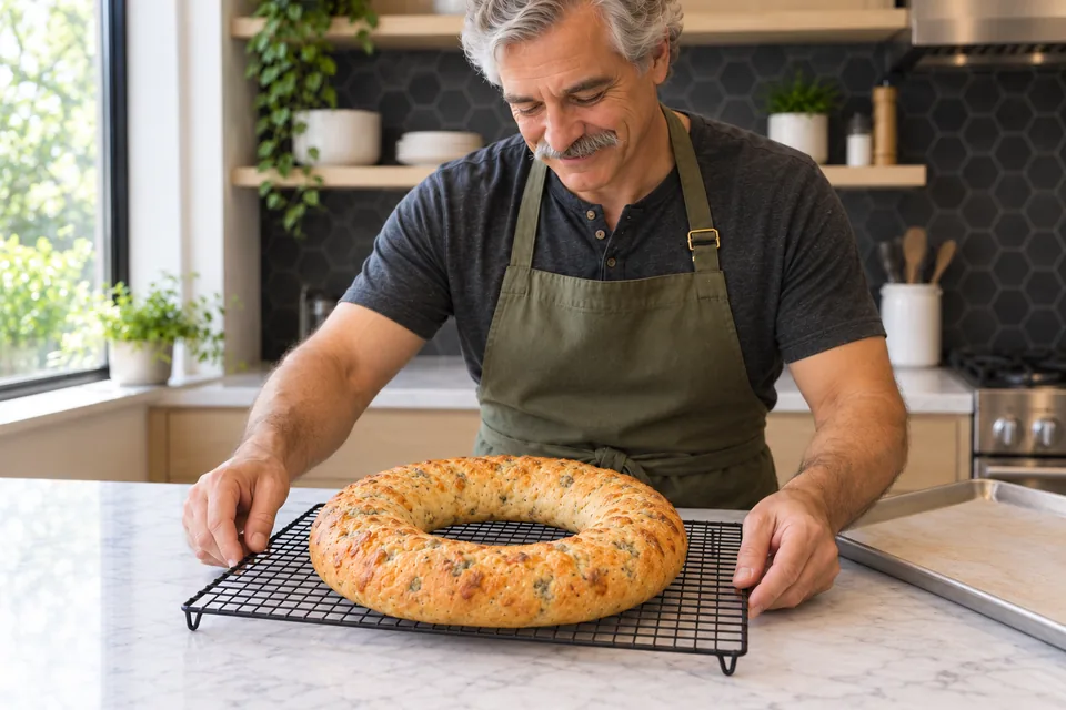 The cook steadies a wire rack holding one whole golden cheese-bread ring with an open centre.