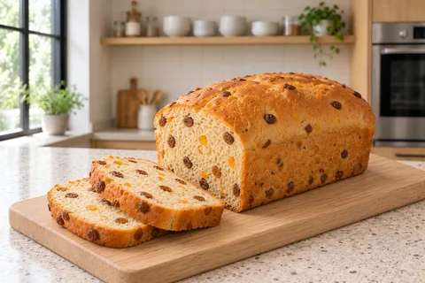 A citrus and sultana loaf with two slices showing fruit through the soft crumb.