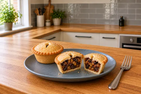 One whole fruit mince pie and the two halves of a second show the thin pastry and dark fruit filling.