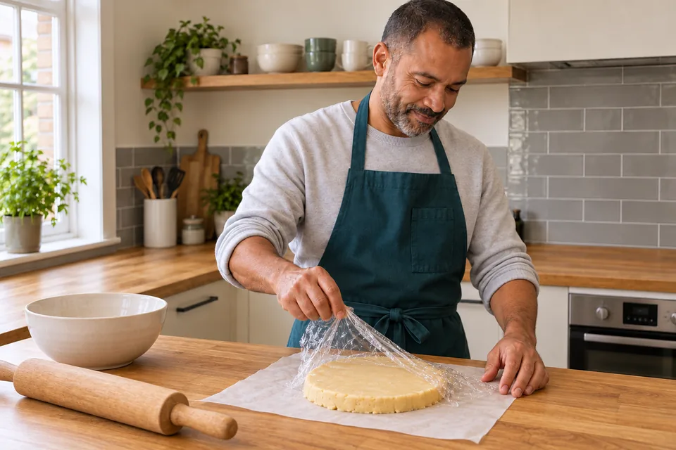 The cook unwraps one cold disc of sweet shortcrust pastry.