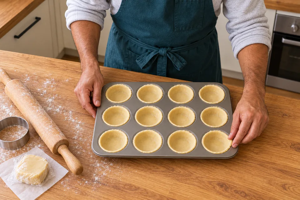 Twelve muffin wells hold thin raw pastry cases, with one being eased into its corners.