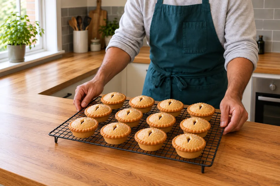 Twelve small golden fruit mince pies cool on a raised wire rack.