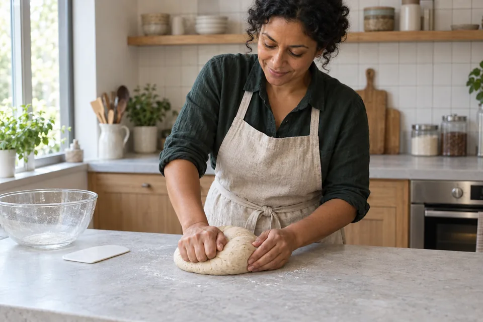 A baker kneads a smooth pale cinnamon dough on a gray worktop beside an empty glass bowl.