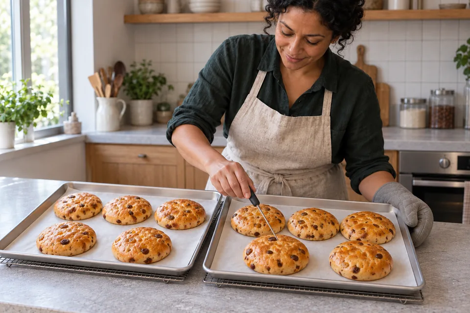 The baker checks the centre of a golden fruit teacake with a probe while ten buns rest on two supported trays.