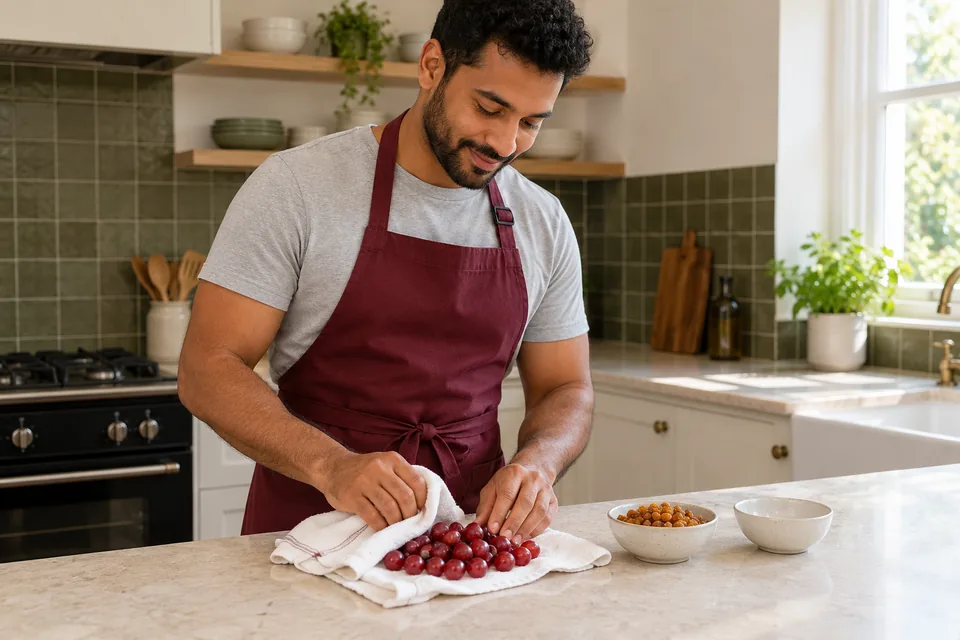 The cook dries small red grapes beside a bowl of soft sultanas.