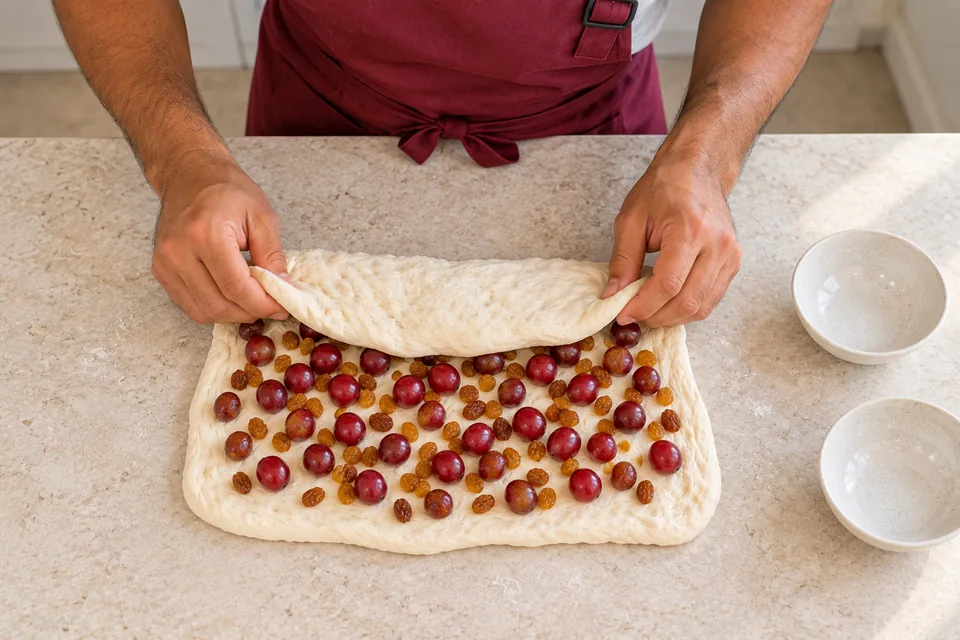 Whole small red grapes and sultanas are folded into a thick rectangle of dough.