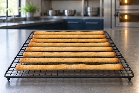Eight long slender golden grissini arranged in parallel rows on a black wire rack.