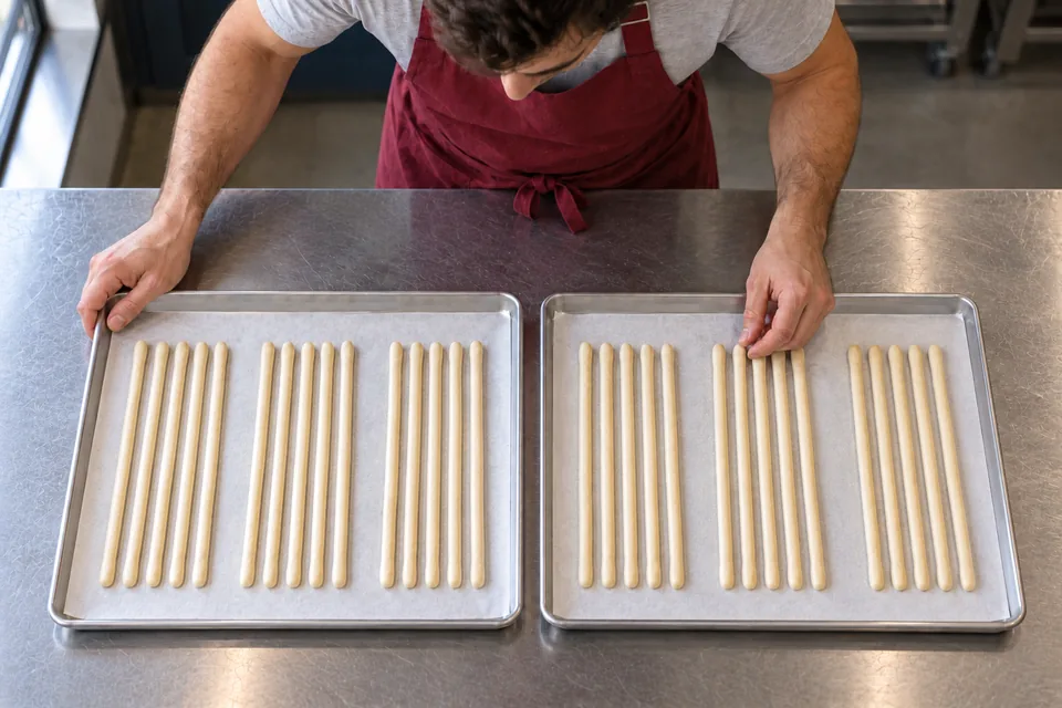 Baker adjusts a thin raw breadstick on one of two trays, each holding three groups of five parallel sticks.