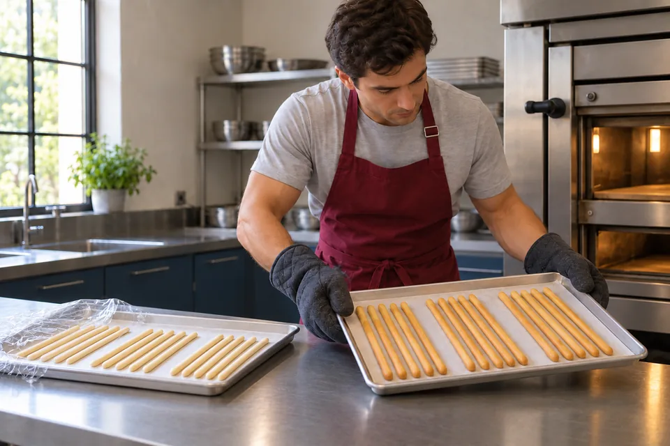 Baker holds a tray of fifteen golden breadsticks while a second tray of fifteen pale raw sticks waits under a loose cover.