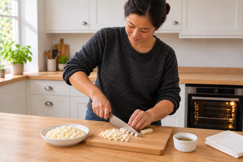 The cook cuts small halloumi cubes beside a separate dish of dried mint.