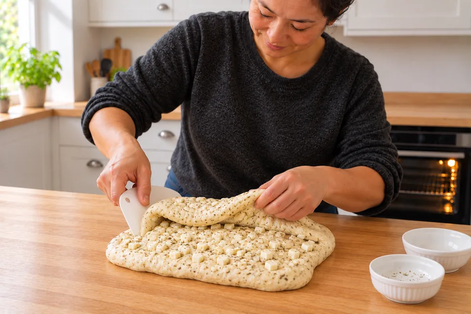 The dough folds around small white halloumi cubes and fine dried-mint flakes.