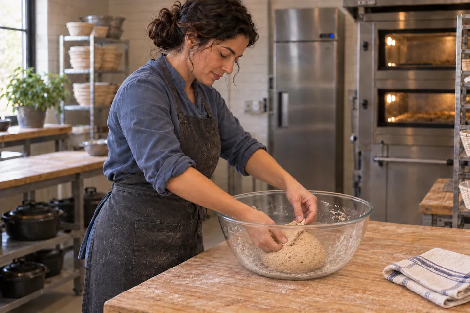 The cook checks a modest firm preferment in a clear bowl.