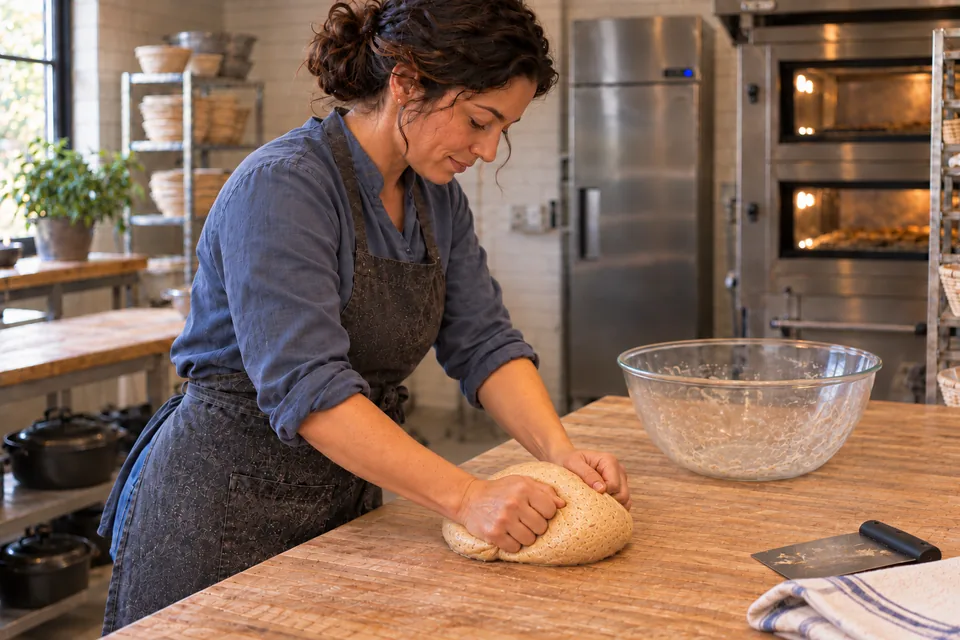 The cook kneads one batch of pale golden mixed-grain dough.