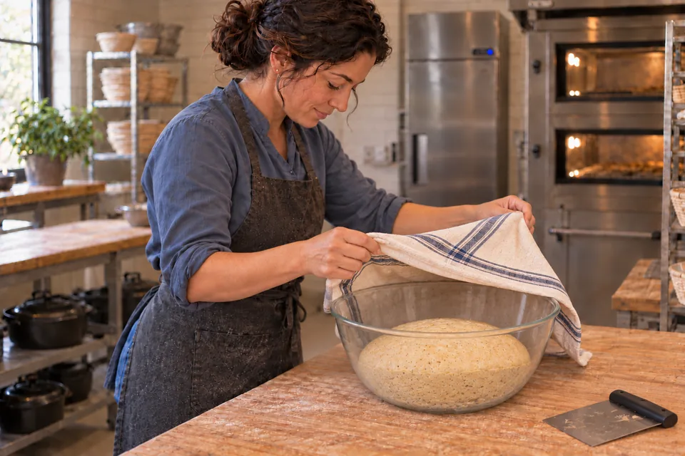 The cook uncovers aerated honey and saffron dough in the clear bowl.