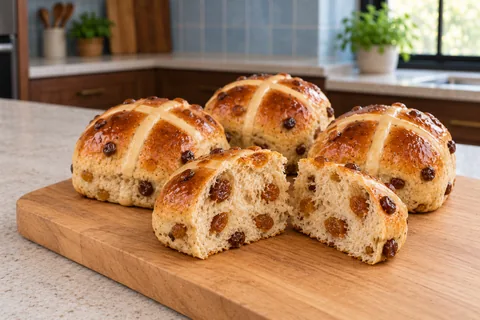 Three whole glazed hot cross buns and a fourth split into two matching halves show a soft tan crumb studded with sultanas.