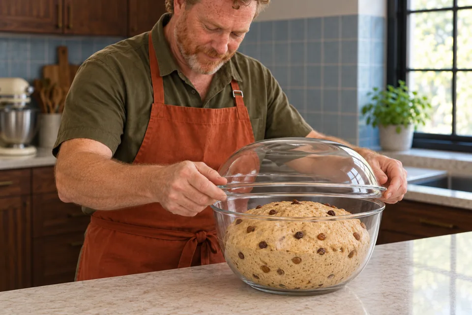 The cook lowers a clear cover over a bowl of expanded tan dough dotted with sultanas.