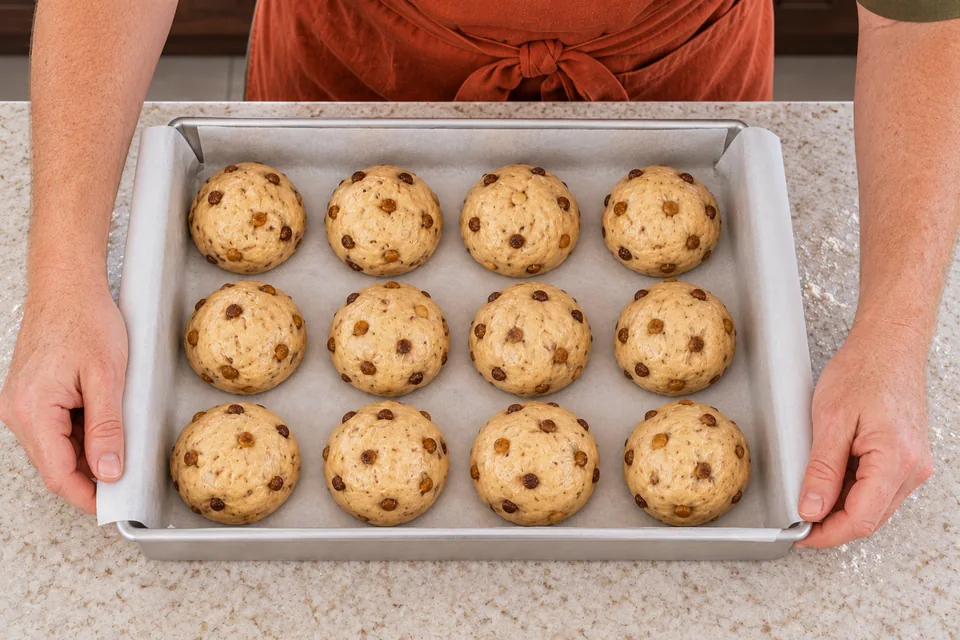 Viewed from above, twelve raw sultana buns sit in three rows of four in one parchment-lined pan.