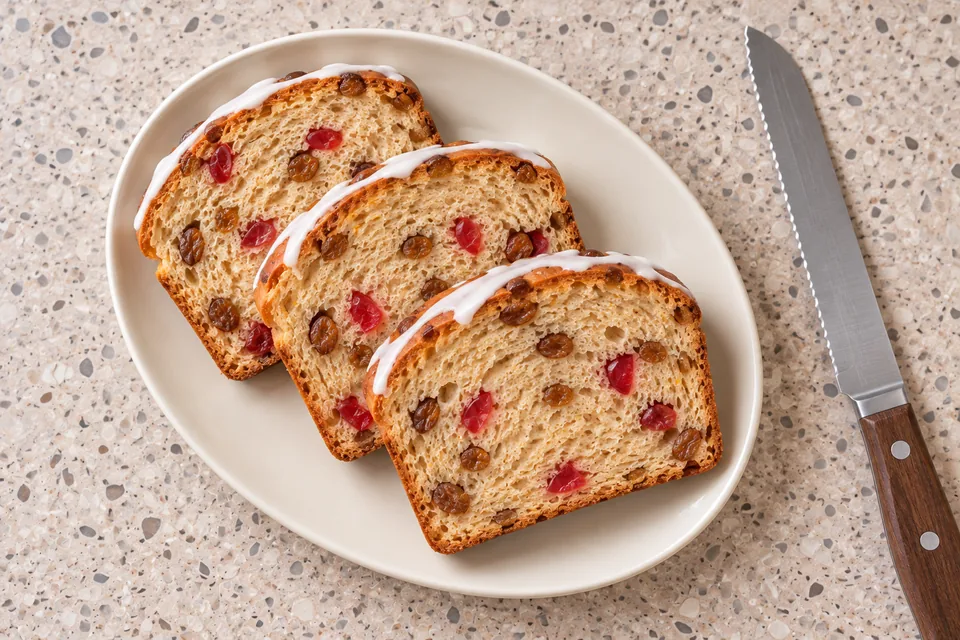 Three slices show golden sultanas, red glacé-cherry pieces and white icing on the crust.