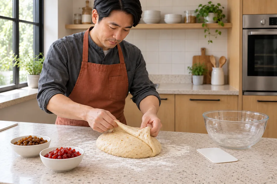 One dough batch is kneaded while sultanas and quartered glacé cherries remain separate.