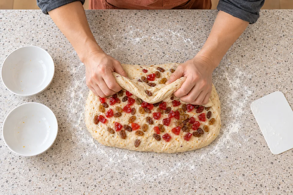 The cook folds small sultanas and glacé-cherry pieces into one dough rectangle.
