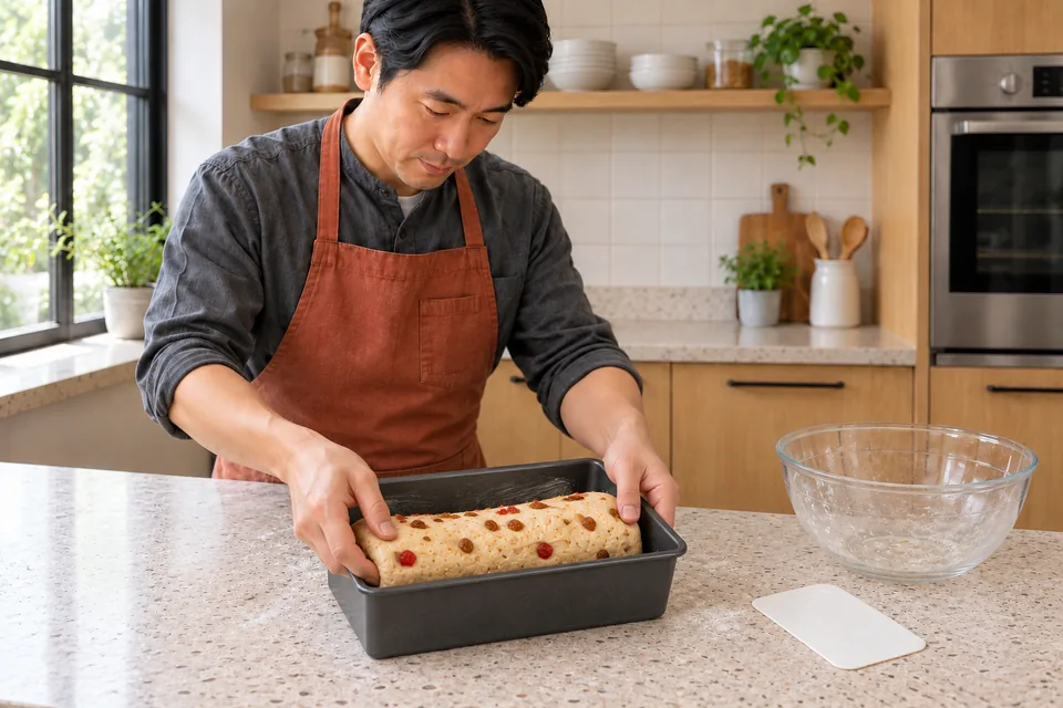 A single modest fruit-dough log is placed in one loaf tin.
