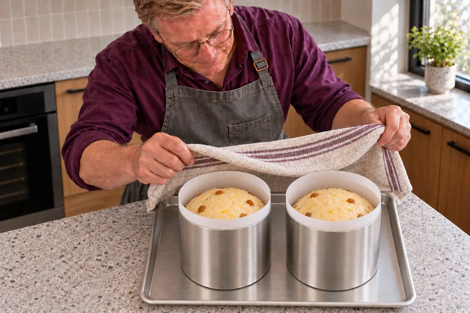 The cook lifts the striped cloth from two risen raw kulich, with headroom inside their tall paper-lined metal moulds.