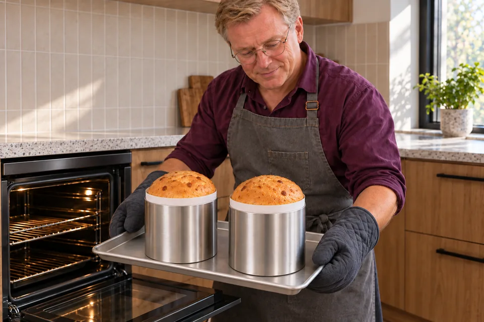 The cook uses two oven mitts to support a tray with two tall golden kulich in paper-lined metal moulds.