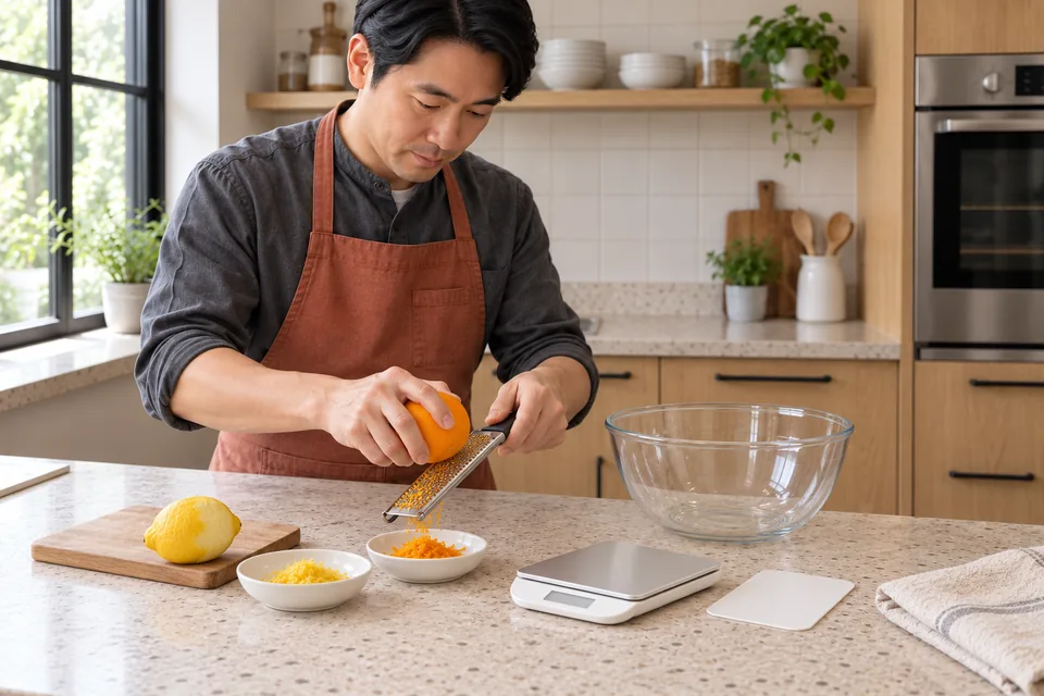 The cook finely grates citrus zest into a small dish, with the other measured zest separate.
