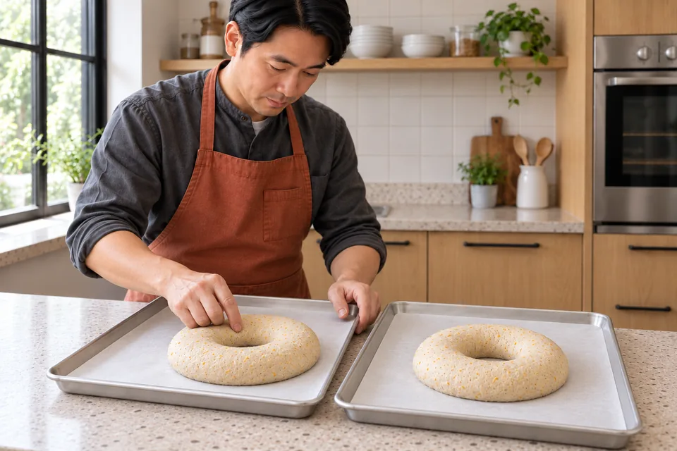 Two modest unscored dough rings on separate trays, each with an open centre.
