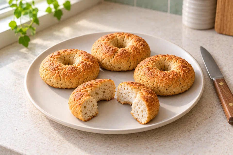 Three small golden rings and a split roll on an ivory plate show the matzo-meal crumb.