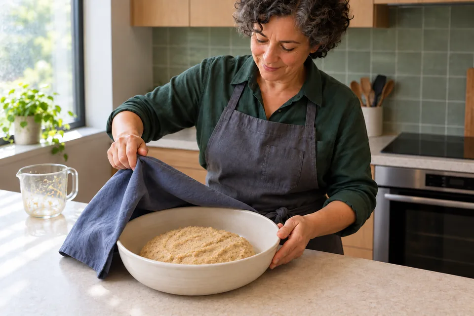 The cook uncovers a thick, cohesive matzo-meal mixture in the wide bowl.