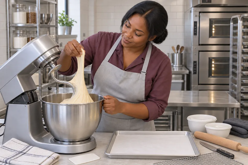 The cook checks smooth dough in the stopped mixer.