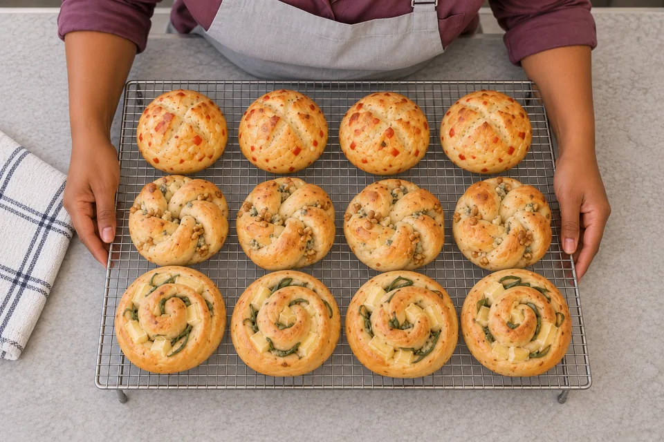 Four rounds, four knots and four spirals cool on a rack.