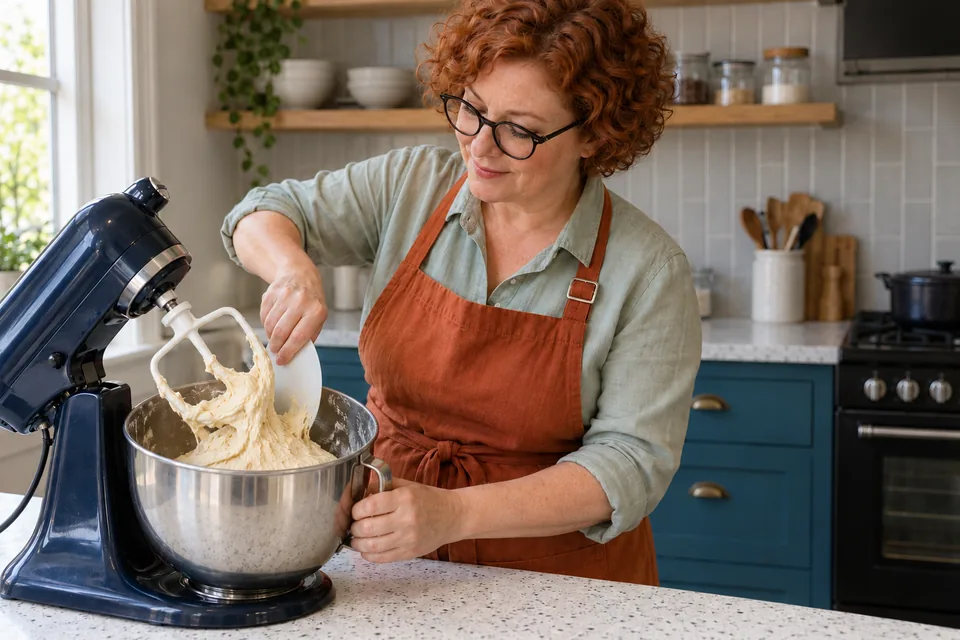 Cook scrapes plain sticky dough from a steel bowl beneath a raised flat paddle.