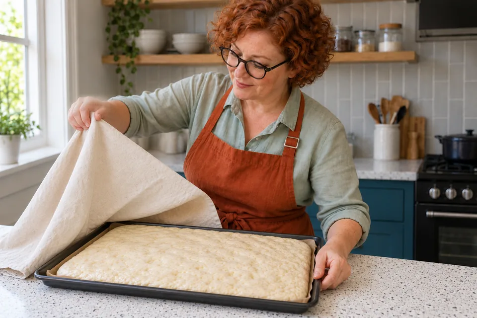 Cook lifts a cloth above a puffy plain rectangle of dough.