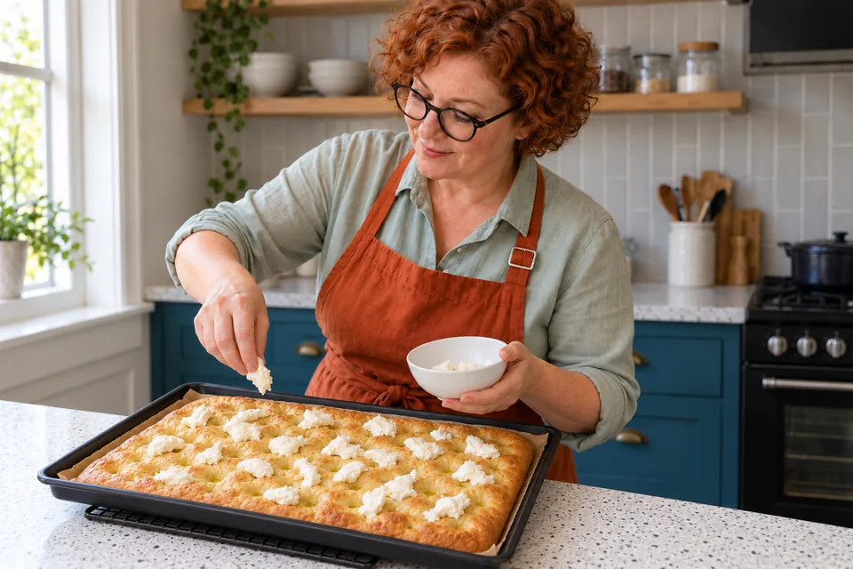 Cook scatters cold mozzarella onto a lightly golden, partly baked focaccia tray.