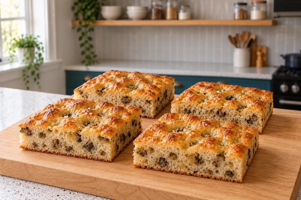 Four pieces of focaccia show small mushrooms, onions and basil throughout the airy crumb.