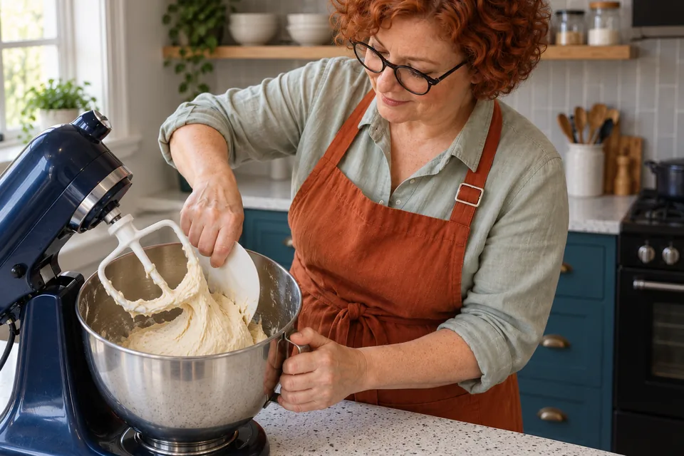 The cook scrapes soft plain dough beneath the raised flat paddle of the mixer.