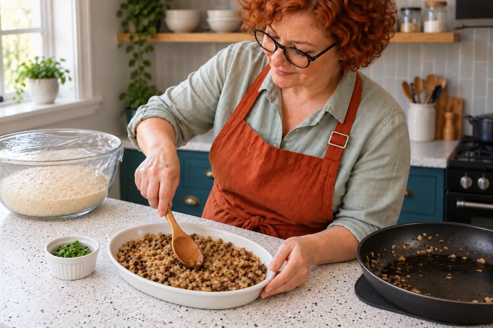 The cook spreads browned chopped mushrooms and onions in a shallow dish beside a small bowl of torn basil.