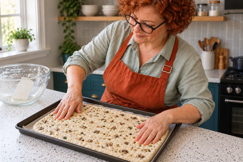 The cook eases dough containing small mushroom, onion and basil pieces across a lined tray.
