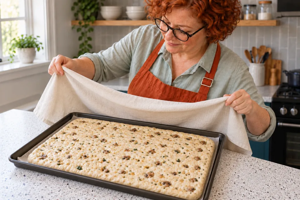The cook uncovers a puffy shallow rectangle of vegetable-filled dough.