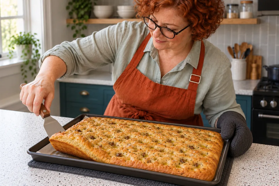 A spatula lifts one edge of the baked focaccia to show its browned base.