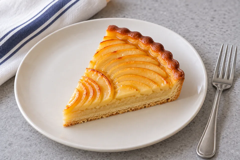 One slice shows crisp pastry, set almond filling and thin glazed apple slices.