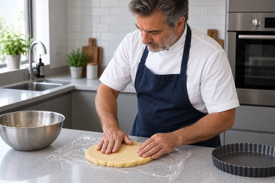 The chef shapes one compact sweet pastry slab before wrapping and chilling.