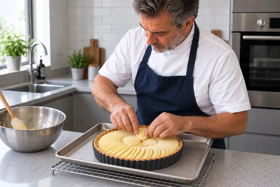 Thin apple slices overlap evenly over the almond filling below the pastry rim.