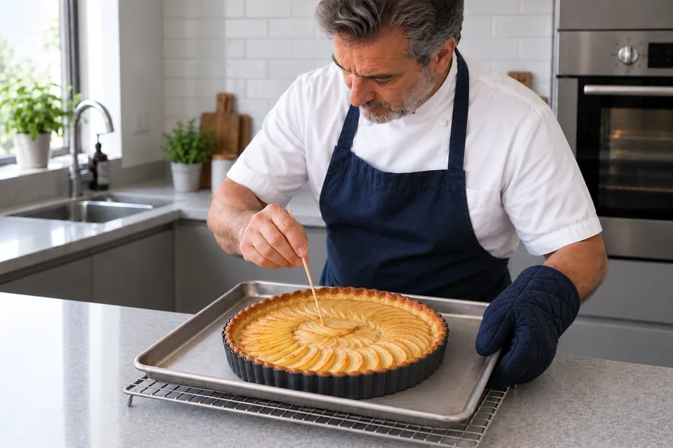 A skewer checks the set almond filling between the lightly browned apple slices.