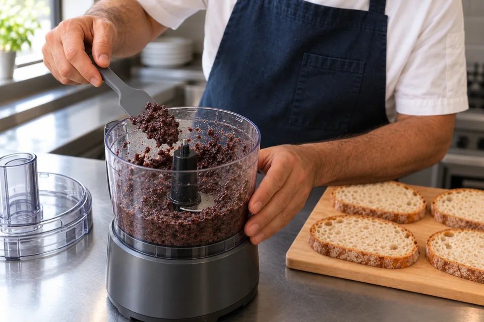 A spatula lifting finely textured black olive spread from a stopped food processor.