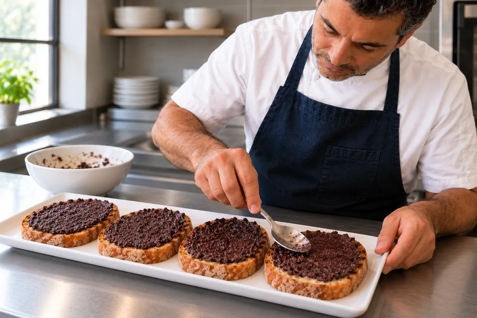 Four olive bruschetta slices on a white platter as the last is spread with a spoon.