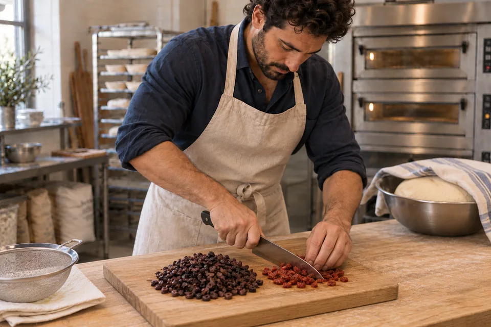 Black olives and rust-red sun-dried tomatoes are chopped into small pieces on a board.